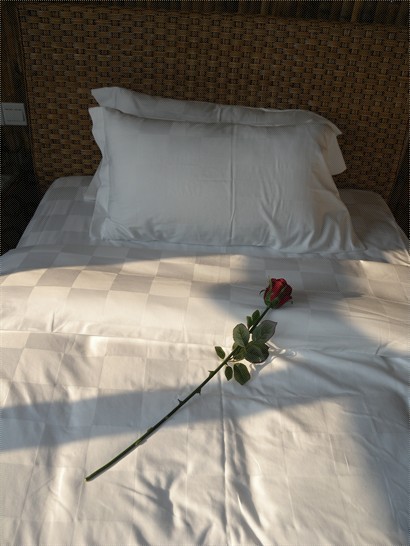 床上有枝假玫瑰