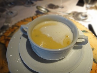 Cream of Sweet Corn Soup with Leek Straw