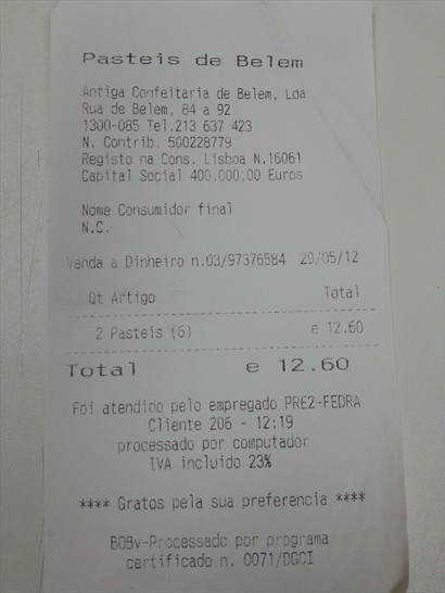 Pastéis de Belém 單據：一打12.6歐元