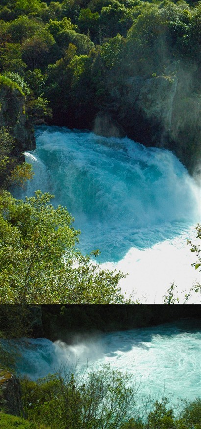 Huka Falls教人震撼的就是巨大的排水量，即使落差不大，但滔滔洪流以雷霆萬鈞的氣勢一湧而出