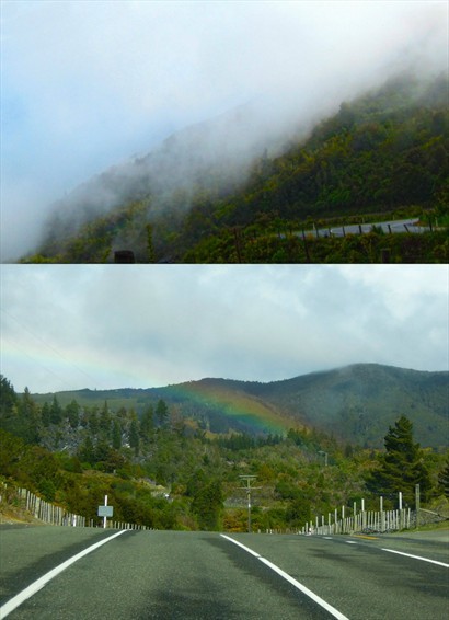 路途中漸漸下起細雨，山中泛起一片水霧，陽光偶然穿透雲層，照出一道彩虹