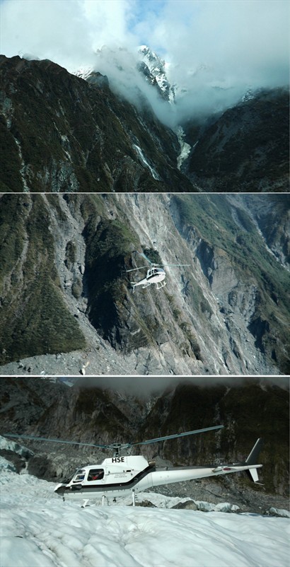 直昇機飛越雪山，在Franz Josef Glacier上盤旋，飽覽冰川結構及特色後在平坦的雪面上降落