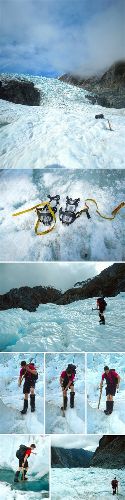 正式向冰川出發！穿上冰爪，導遊不斷為我們探路，更在徒斜的冰面上開鑿出梯階