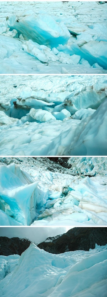 冰川中部不少冰塊裂開又再聚合，構成不同形態的冰丘甚至冰橋