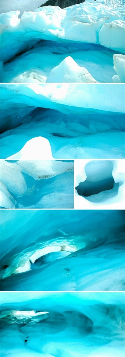 陽光下，冰橋下透出幽幽的藍，幻彩般的美，不同角度的陽光下，隧道的深髓內不知通向何方