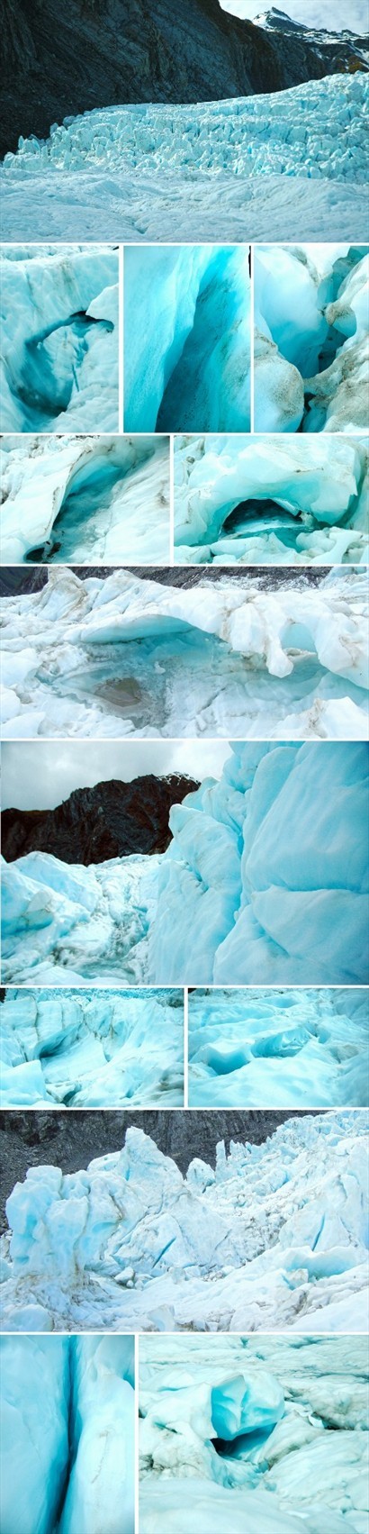 Franz Josef Glacier的頂部是冰瀑，筆直的坡道，冰川因壓力而撕裂，形成一個又一個的冰林