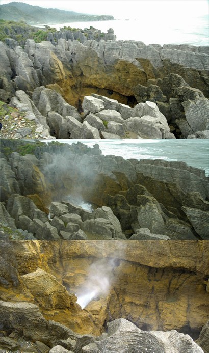 這個石群中的巨大空洞，浪花可直拍岩頂