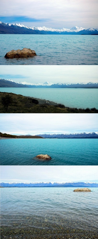 不同角度下的Lake Pukaki，雪山環抱，粉藍的湖水比Lake Tekapo更深
