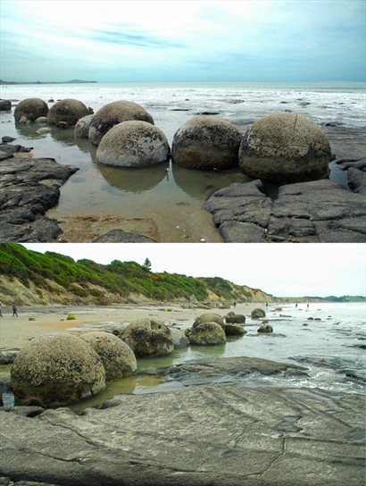 Moeraki Boulders的大圓石隆然在海中出現，其中這七個一排像七星連珠般最為壯觀