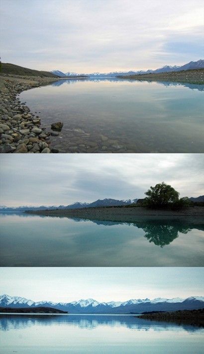 晨早的Lake Tekapo，沒一絲微風，湖面像一面鏡倒影著群山