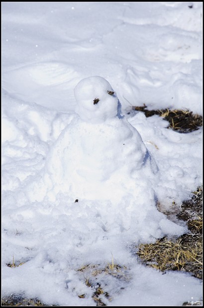 朋友在雪地上做了個雪人。