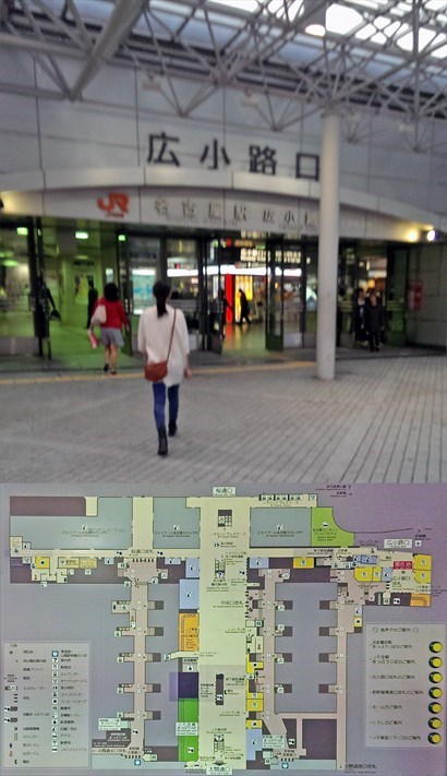 換pass：到名鐵站出閘後走到街上，往左走進廣小路口就見到這地圖，我們要由紅點走到淺黃色區的中央處。