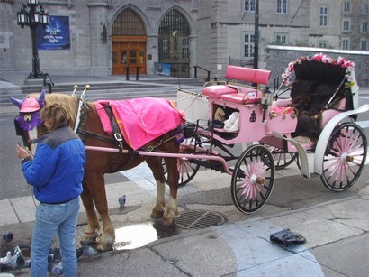 教堂外有漂亮的粉紅色馬車