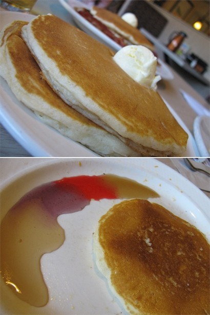 (上)可口的熱香餅 (下)各糖漿的顏色也不一樣 (左至右:傳統、藍莓、士多啤梨、牛油合桃)