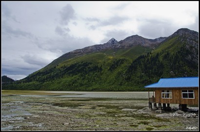 在湖邊有間小木屋，在木屋的左方風景。