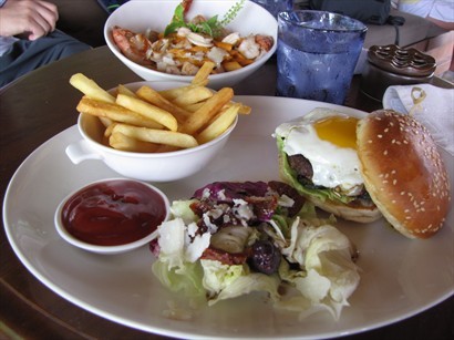 Hamburger with salad and fries
