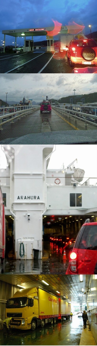 上船！車輛依重量一架接一架進入船倉，船員忙於繫好重型車輛