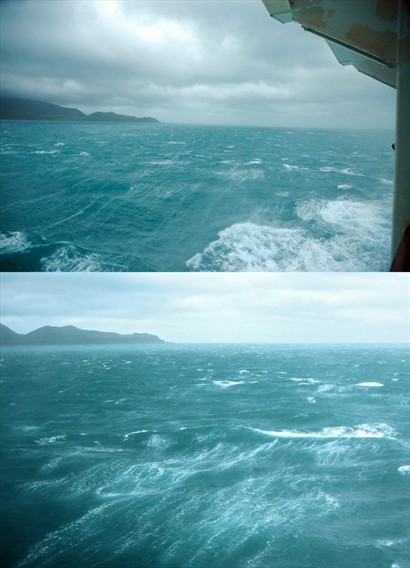 庫克海峽上，水流急，風亦大，白浪竟被吹得平伏