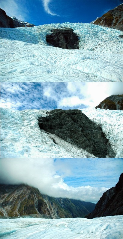 下機後，仰望冰川的雄偉及回望群山，中央突出的巨石，是近年因冰川溶化而出現