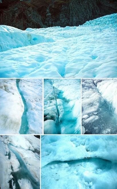 冰川底部比較平坦，連日下雨洗刷掉污垢，雪面露出亮麗的藍，偶有因溶冰而成的小水道穿插