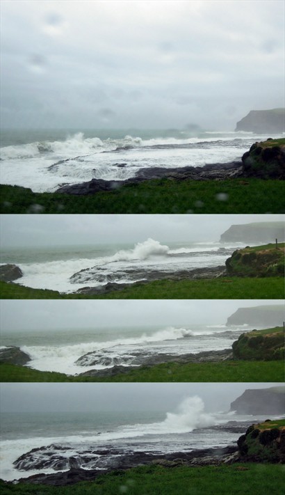 風浪打在Curio Bay的海上平台，激起滔天巨浪。在風平浪靜的日子，退潮時可看到巨大的原始森林化石