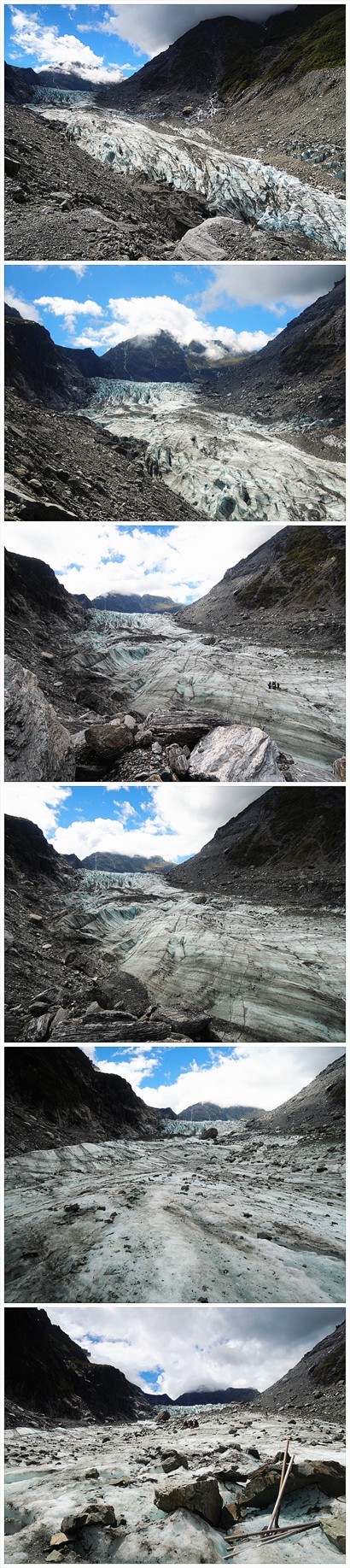 fox glacier，可看見有其他tour的人和工作人員在冰川上行走、工作