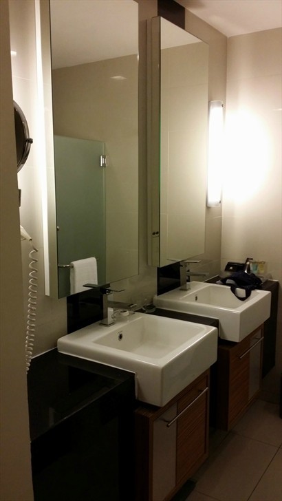 浴室, 兩個洗手盤位置係面對住花灑房及廁所, 沖涼, 辦事及洗手可同時進行