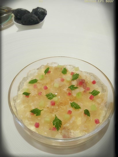 Thin Sliced Akagai, Mirugai, Hokkigai with Sea Scallop Mousse Topped with Seaweed Jelly “Barbajuan” Fried Squid Ink Small Ravioli