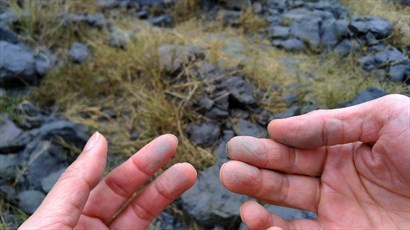 地質頗為鬆散，觸摸後有一層灰黏在手上，有很強的金屬味。