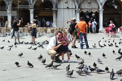 廣場上有很多白鴿, 餵鴿成為了遊客的活動之一